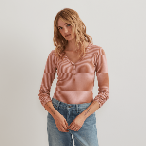 Women’s Long-Sleeve Ribbed Henley T-Shirt – Stripe